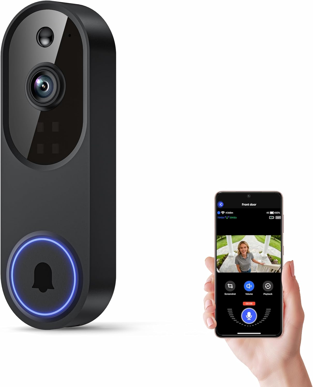 Wifi Doorbell Camera - Draadloze Wi-Fi videodeurbelcamera met tweerichtingsaudio, AI-bewegingsdetectie,