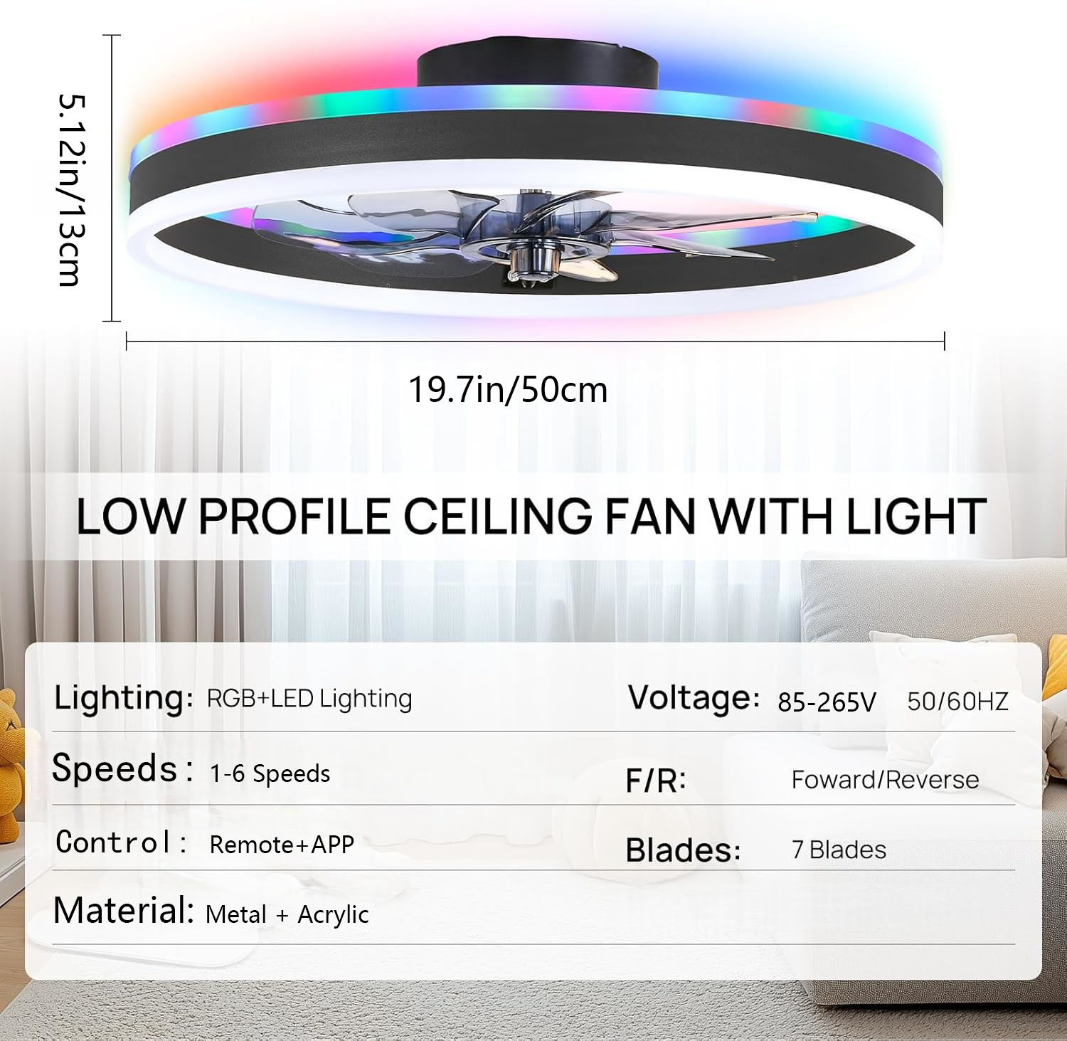Smart Ceiling Fan - RGB slimme plafondventilatorlamp 6-snelheden ventilator +